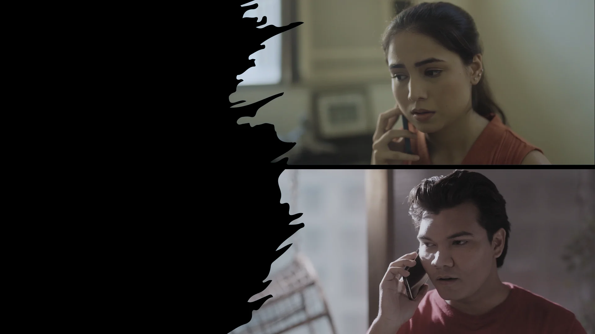Split screen: Preeti and Iswar Mohan on a phone call