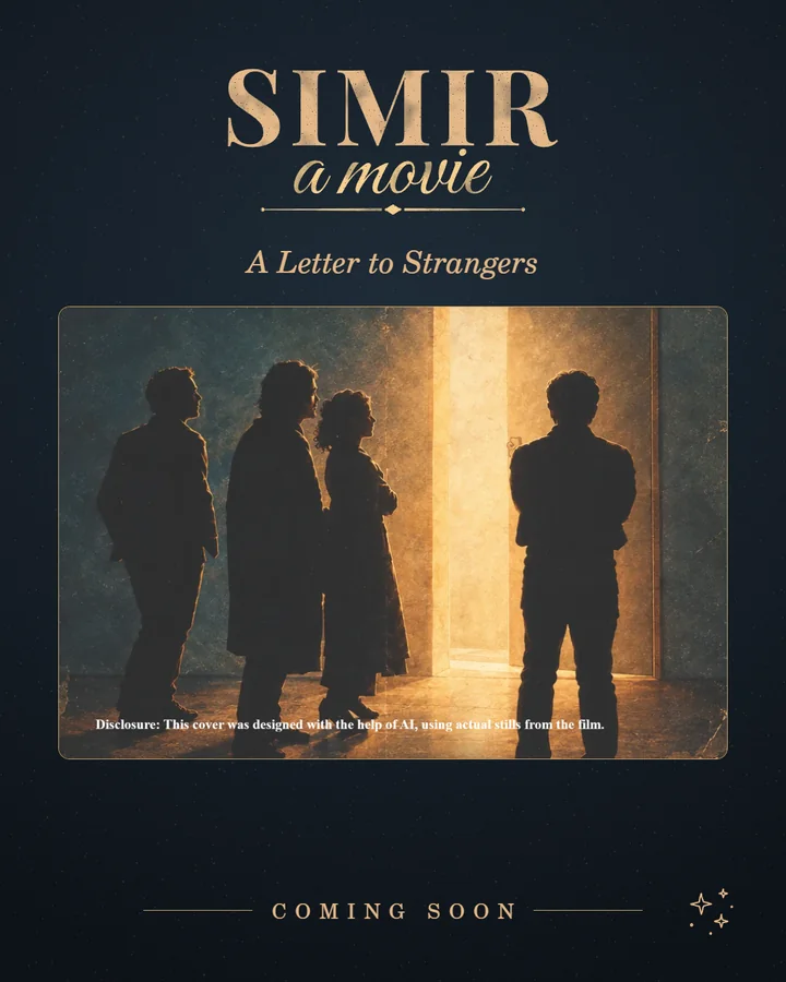 Cover of the storybook A Letter to Strangers: four figures at a lit door under a night sky