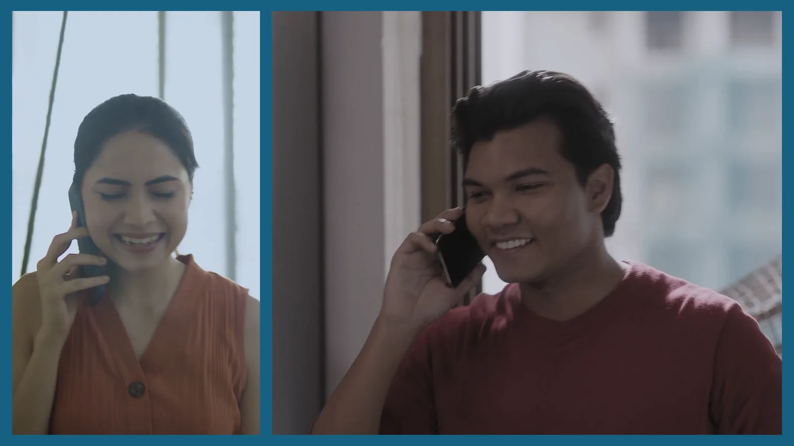 Split screen: Preeti and Iswar Mohan smile during a phone call