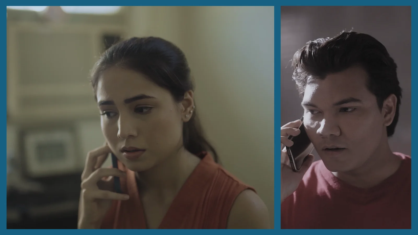 Split screen: Preeti and Iswar Mohan, worried, on a phone call